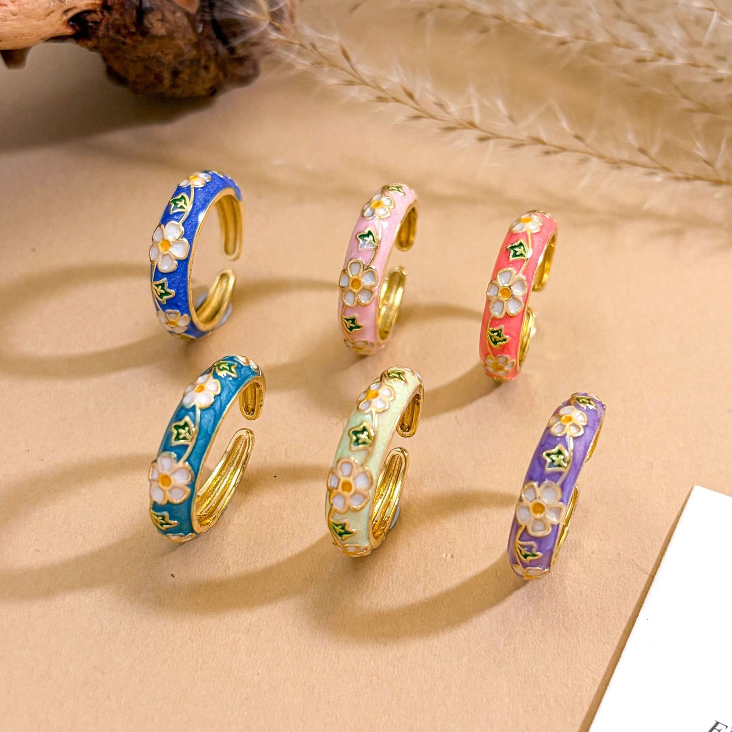 Vintage Sweet Enamel Floral Gold Plated Brass Ring for Women