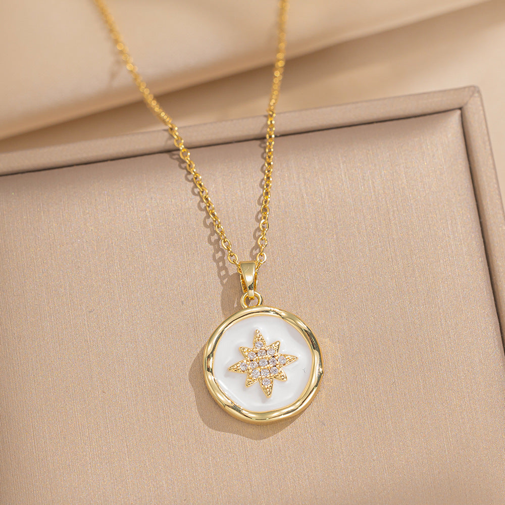 Collana da donna a forma di esagramma minimalista a conchiglia smaltata in zirconia, in acciaio al titanio, con catena a maglia ovale