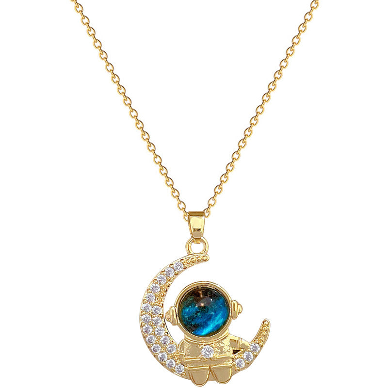 Luxury Astronaut Moon Pendant Necklace for Women and Men Titanium Steel Geometric Statement Collarbone Chain with Rhinestone Inlay