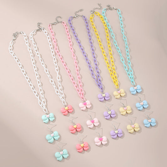 Minimalist Candy-Colored Acrylic Bow Pendant Necklace for Children with Enamel Finish and Beaded Chain