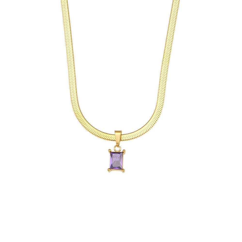 Elegant 18K Gold Plated Square Geometric Stainless Steel Snake Chain Necklace with Cubic Zirconia Titanium Steel Pendant for Women
