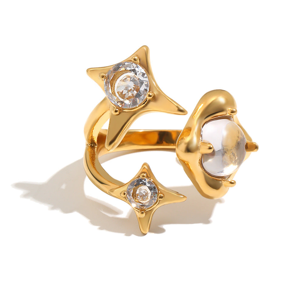 Elegant Minimalist 18K Gold Plated Stainless Steel Four-Pointed Star Open Ring for Women