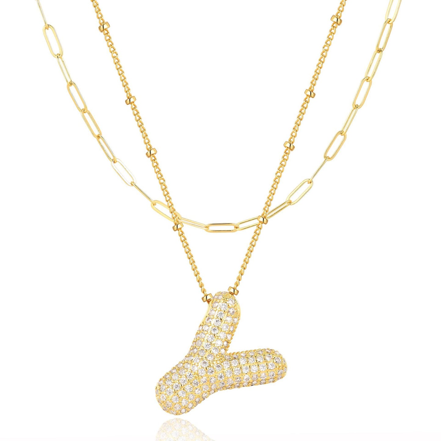 18K Gold Plated Brass Double Layer Letter Necklace Micro Pave Cubic Zirconia Serpentine Chain Women's Jewelry