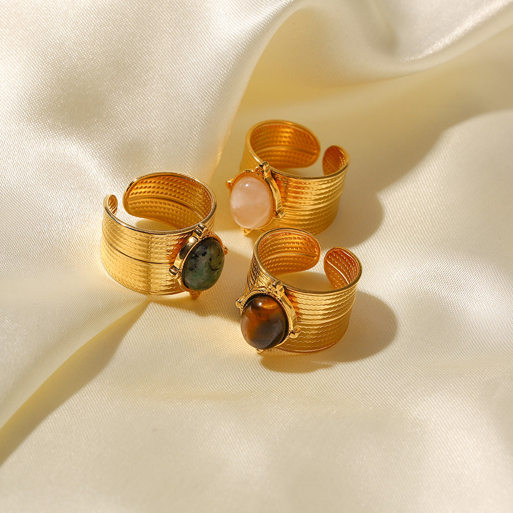 Anello da donna con intarsio in pietra, design geometrico irregolare, in acciaio inossidabile placcato oro 18K, stile vintage francese