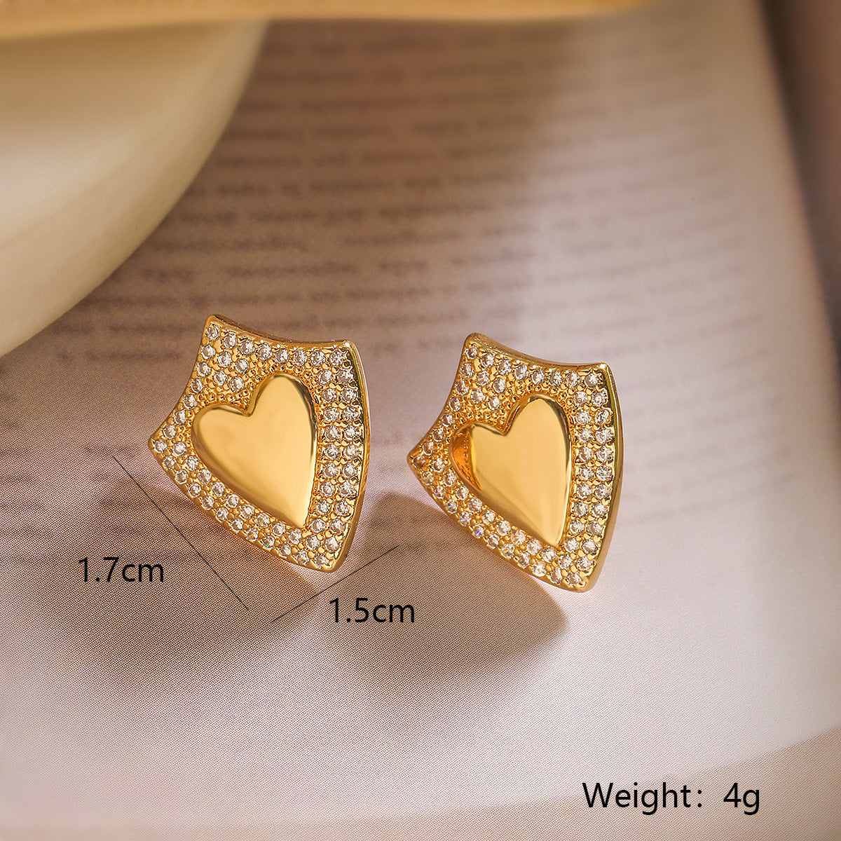 Minimalist Geometric Heart-Shaped Copper Earrings with 18K Gold Plating and Zircon Inlay for Women