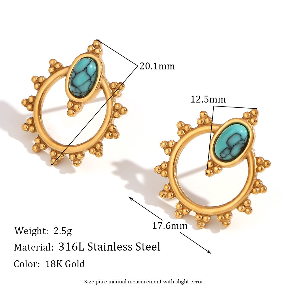 Fashionable Oval Stainless Steel Earrings with 18K Gold Plating and Hammered Texture Natural Stone for Women