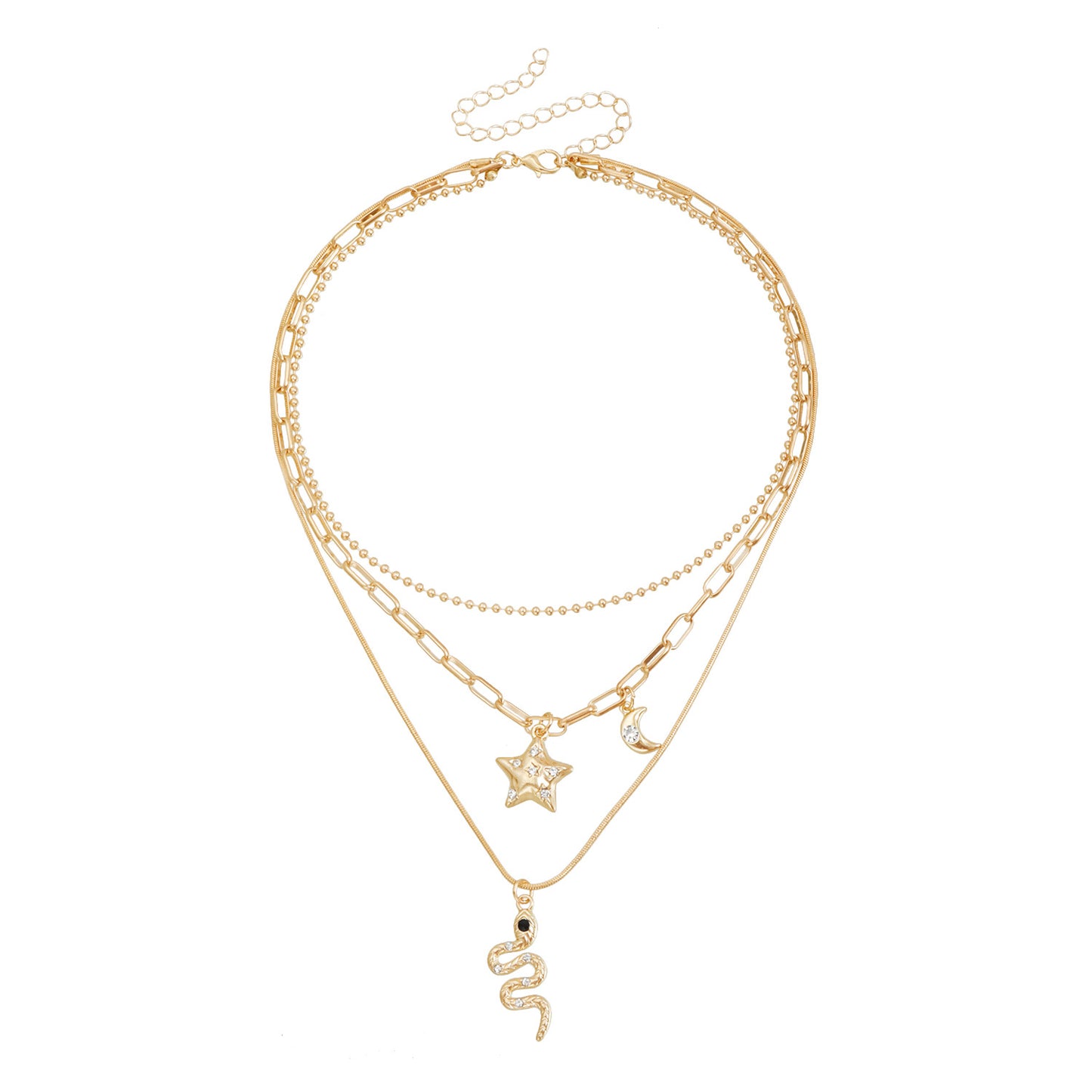 Vintage-Style Star and Moon Pendant Necklace with Rhinestone Inlay in Alloy, Snake Chain Design for Women