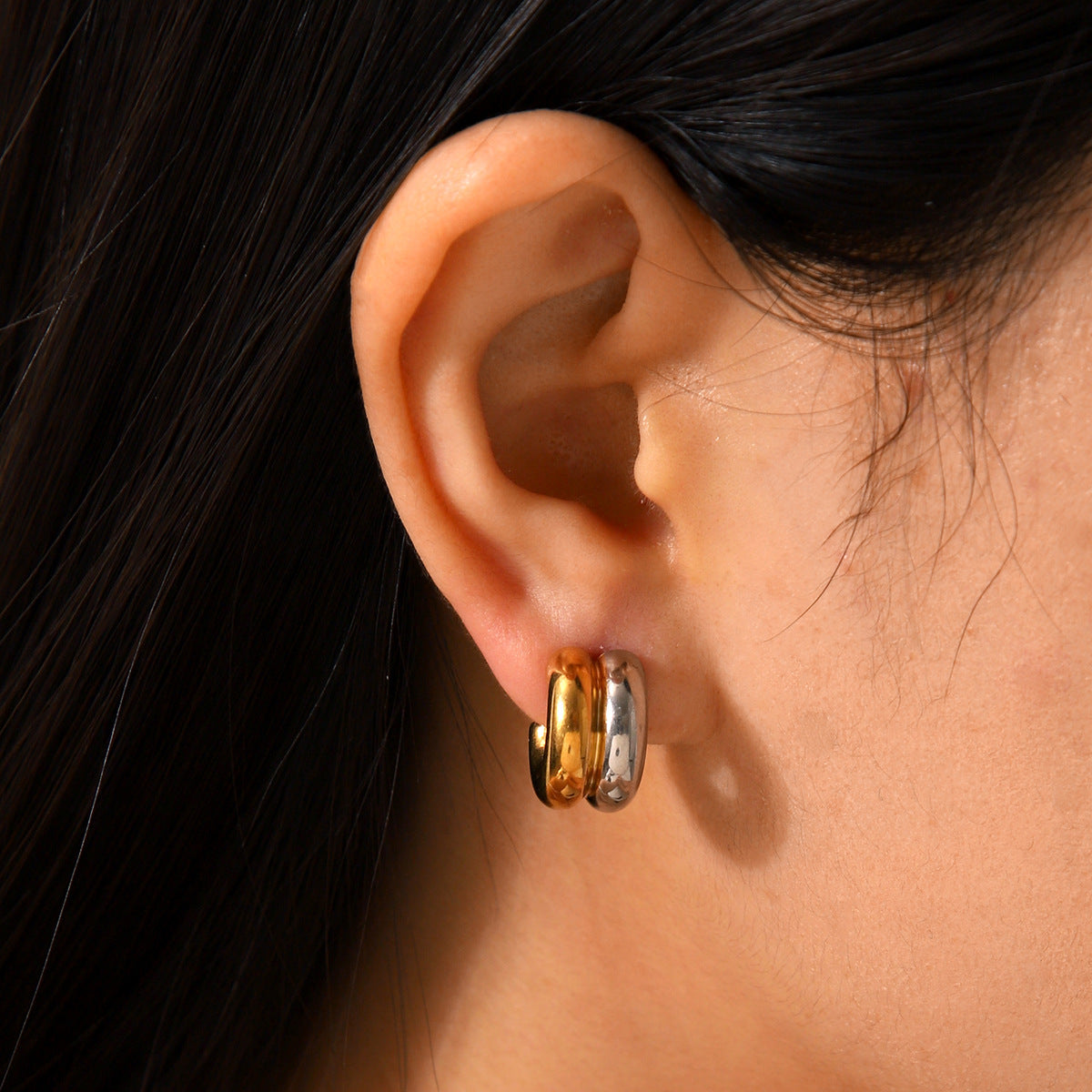 Fashion Minimalist 18K Gold Plated Double Layer Geometric Stainless Steel Hoop Earrings for Women