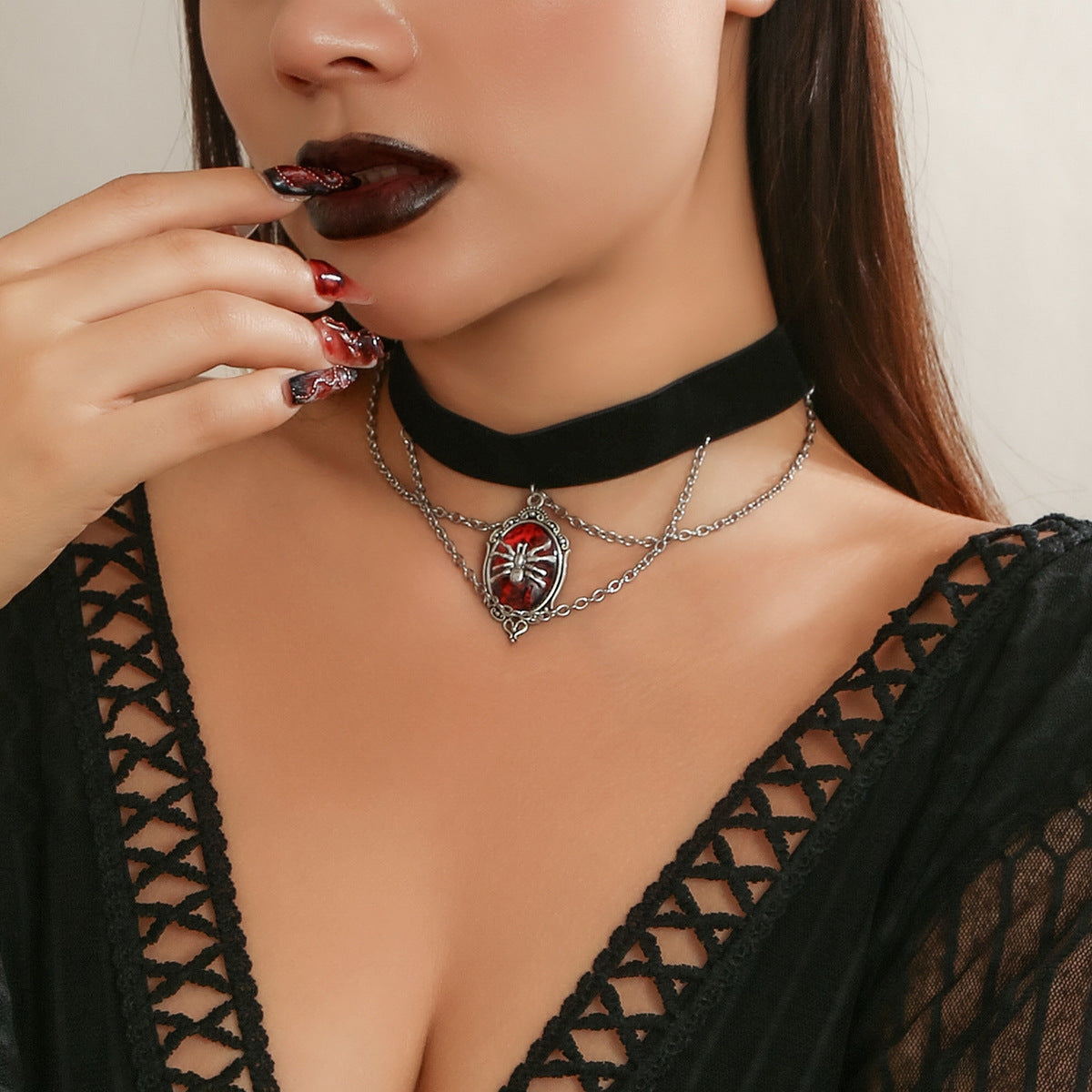 Gothic Vintage Red Velvet Spider Choker Necklace for Women