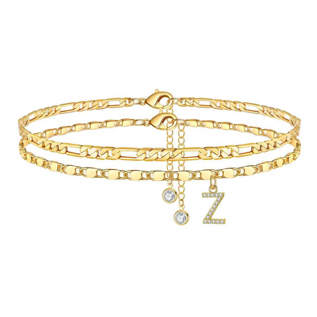 Bohemian Gold Plated Alloy Letter Cubic Zirconia Figaro Chain Anklet for Women
