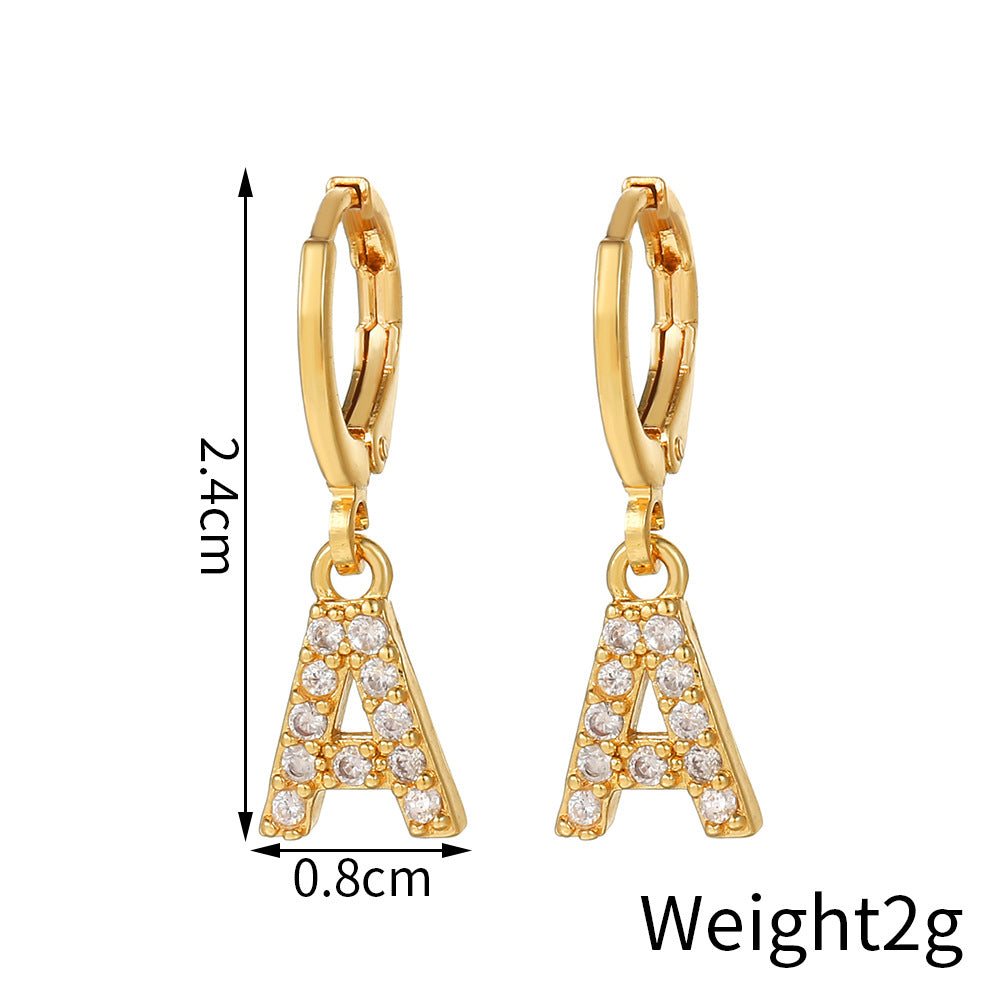 Minimalist Elegant Gold Plated Brass Micro-Inlaid Cubic Zirconia Letter Hoop Earrings for Women