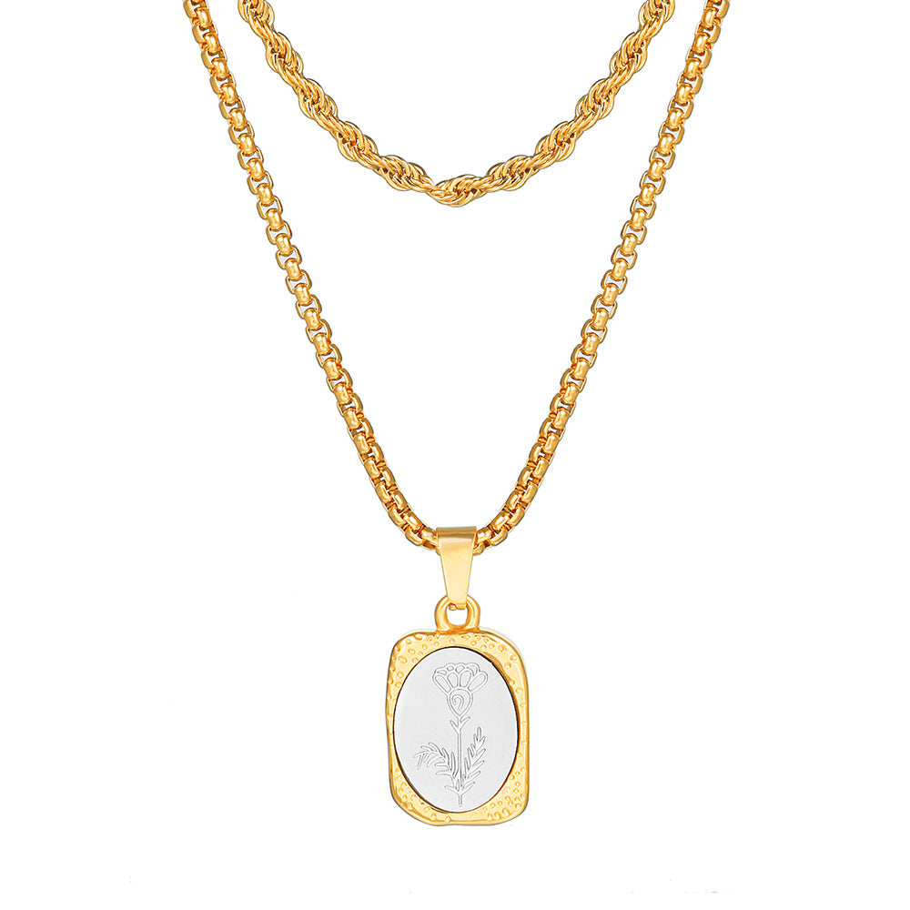 Vintage Two-Tone Gold and Silver Plated Stainless Steel Square Rose Pendant Necklace with Box Chain for Women