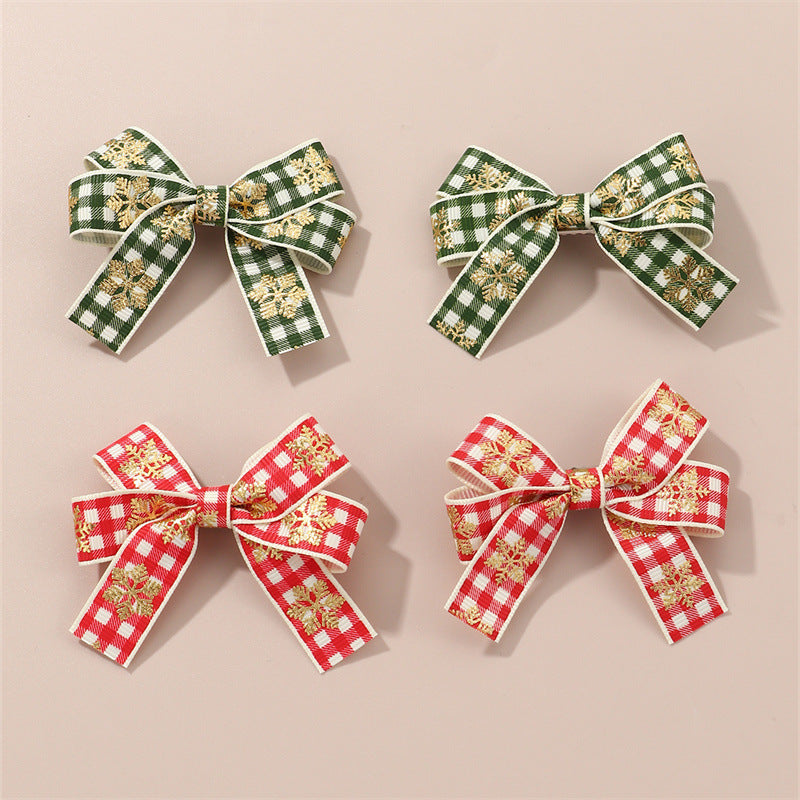Set de pinzas para el pelo con temática navideña para niñas, construcción de tela en forma de lazo, estampado a cuadros rojos y verdes y copos de nieve, diseño fresco y minimalista