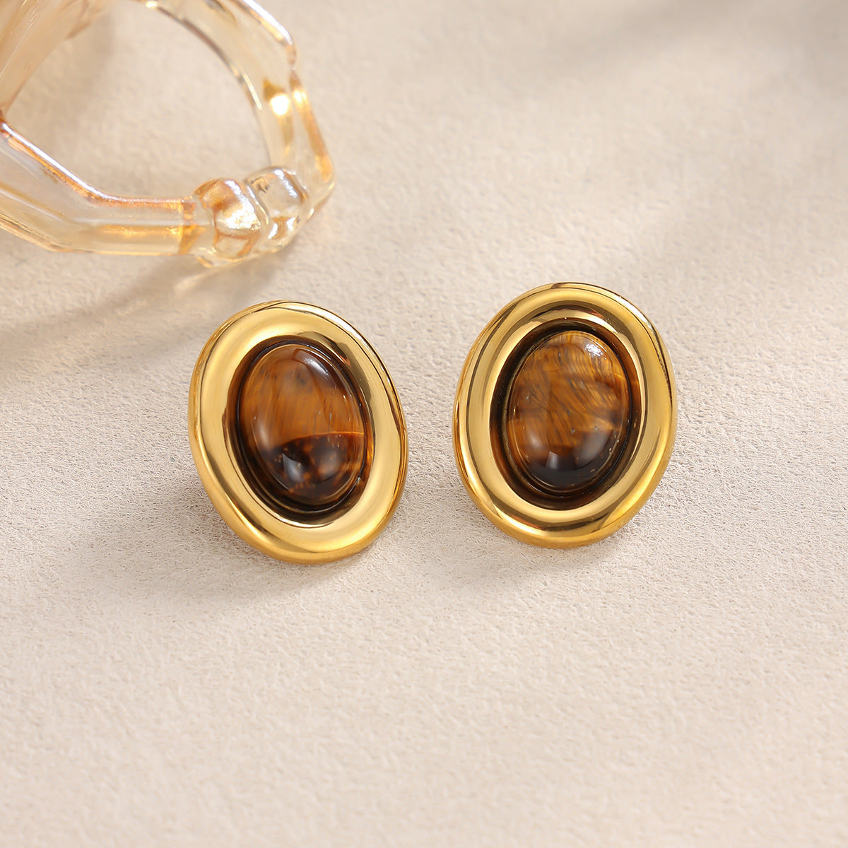 Vintage 18K Gold Plated Stainless Steel Oval Tiger Eye Stud Earrings for Women