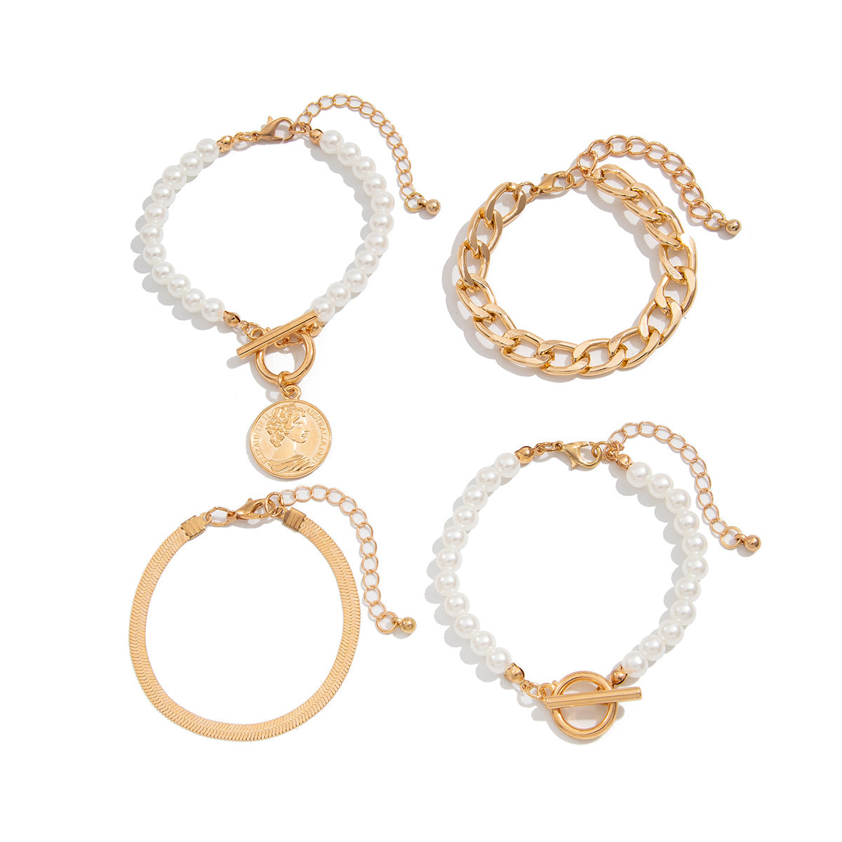 Minimalist Geometric Pearl-Style Beaded Bracelet Set with Tassel and Chain Accents for Women