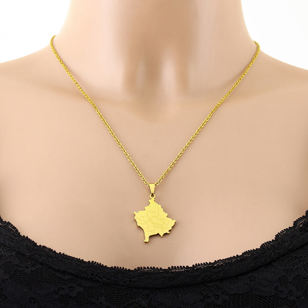 Collana con Pendente Geometrico alla Moda a Tema Città del Kosovo in Acciaio al Titanio Placcato Oro per Uomini e Donne