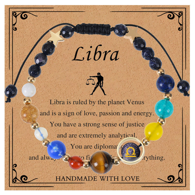 Elegant Geometric Natural Stone Obsidian Crystal Blue Sandstone Bracelet Unisex Zodiac Galaxy Universe Star Beaded Bracelet