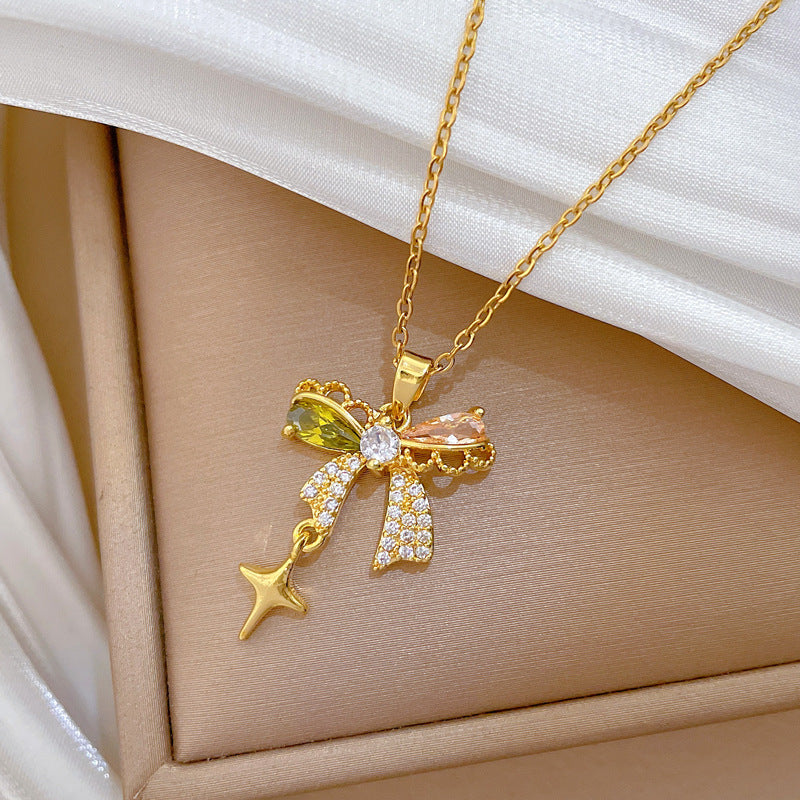 Sweet Butterfly Star Geometric Rhinestone Pendant Titanium Steel Necklace with Tassel Cable Chain for Unisex