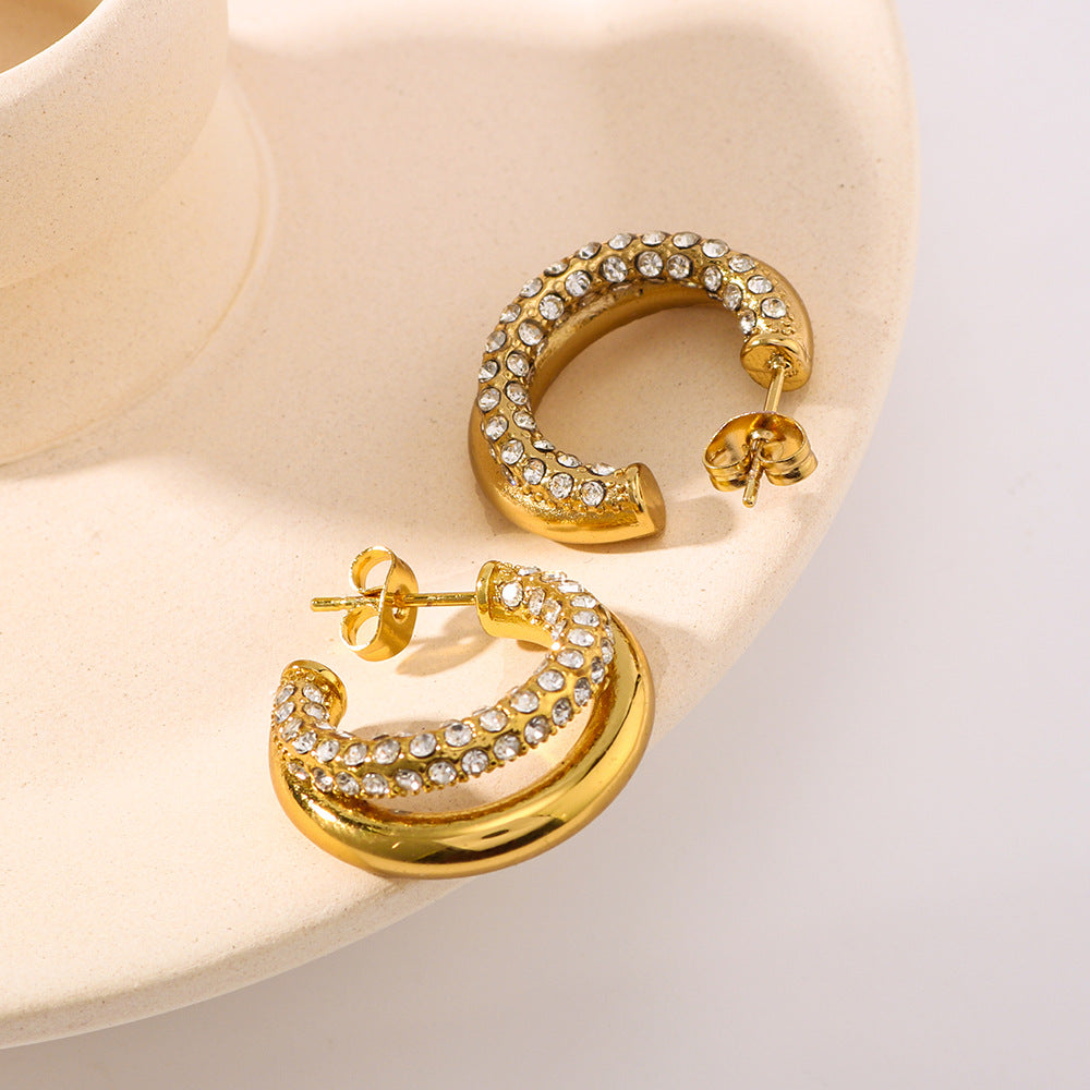 Aretes minimalistas de acero de titanio geométricos con baño de oro de 18 quilates y detalles de diamantes de imitación para mujer