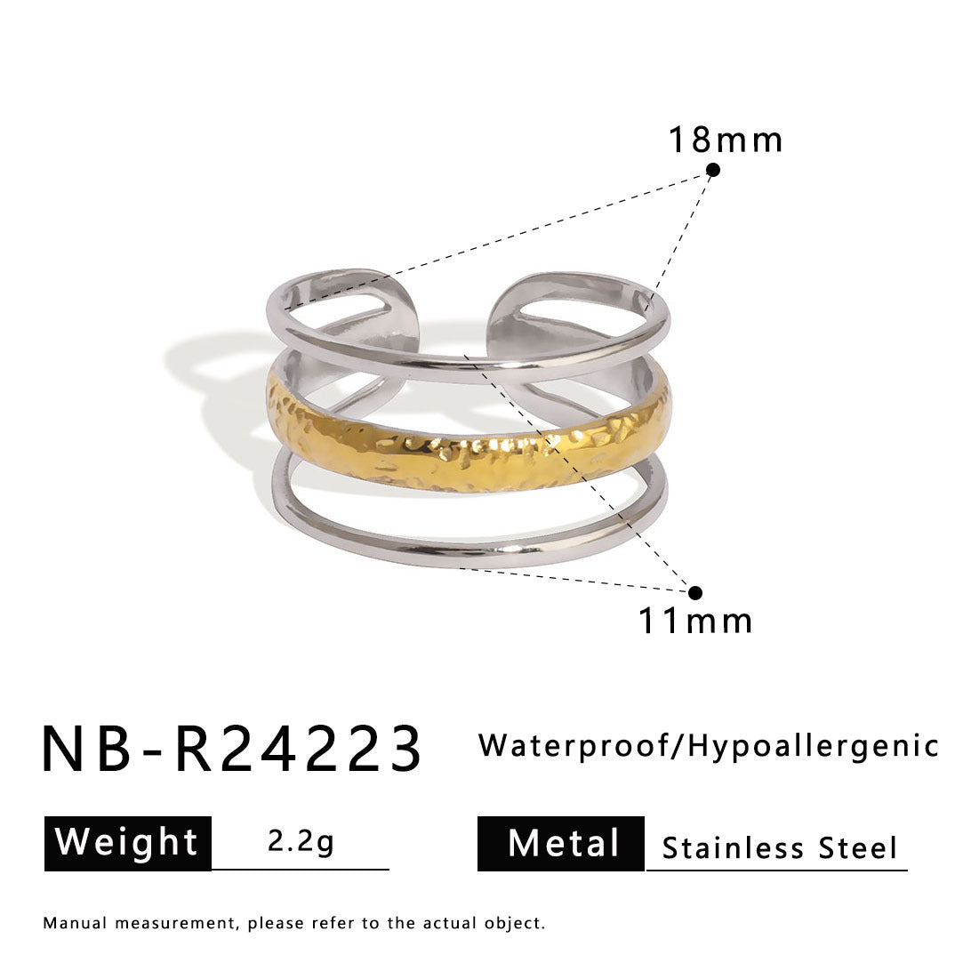 Asymmetrical Geometric Line Stainless Steel Ring for Women with Dual-Tone Plated Finish