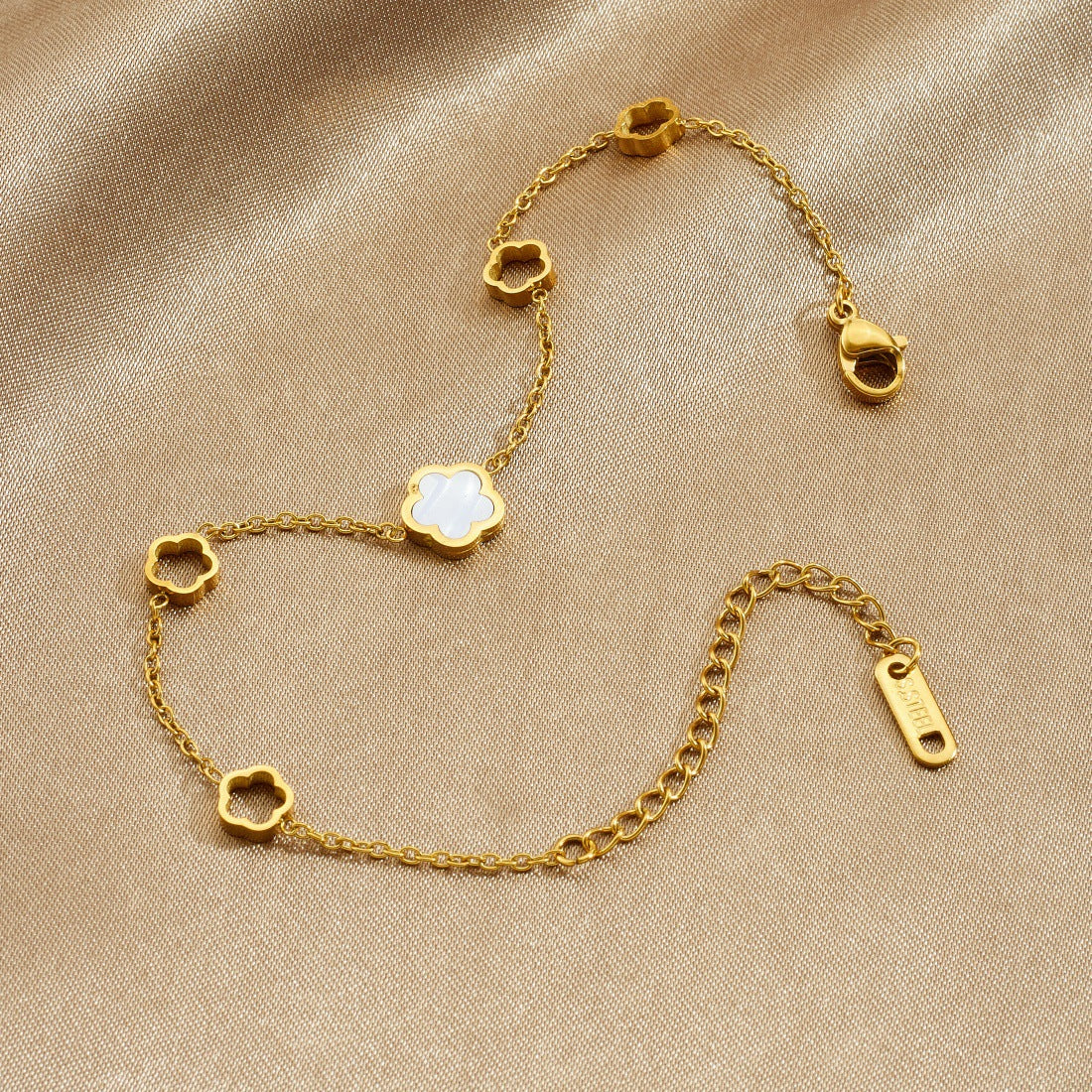 Minimalist Gold Plated Stainless Steel Five-Petal Hollow Flower Mother of Pearl Bracelet for Women