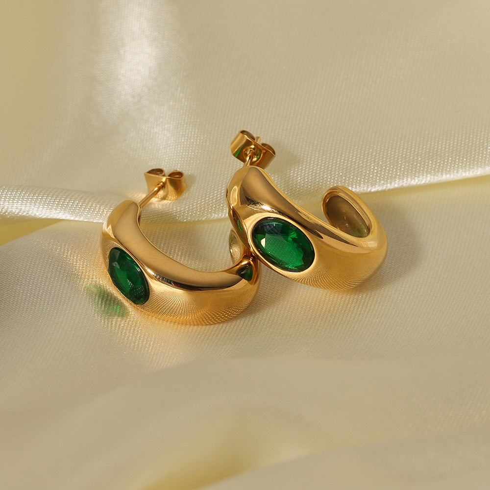 Minimalist Geometric C-Shaped Stainless Steel Earrings with 18K Gold Plating and Green Round Zircon Inlay for Women