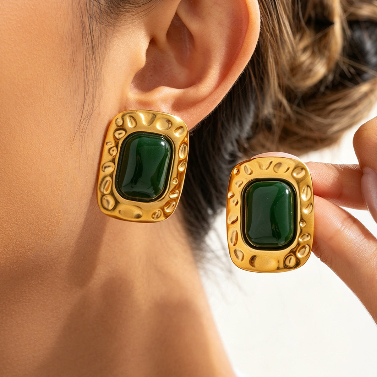 Vintage 18K Gold Plated Square Geometric Gemstone Stainless Steel Earrings