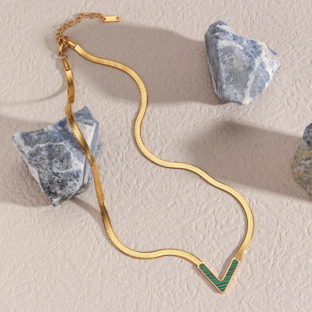 Fashionable Geometric V-Shaped Natural White Abalone Black Abalone Green Malachite Pendant Necklace for Women in Stainless Steel with 18K Gold Plating on Flat Snake Chain