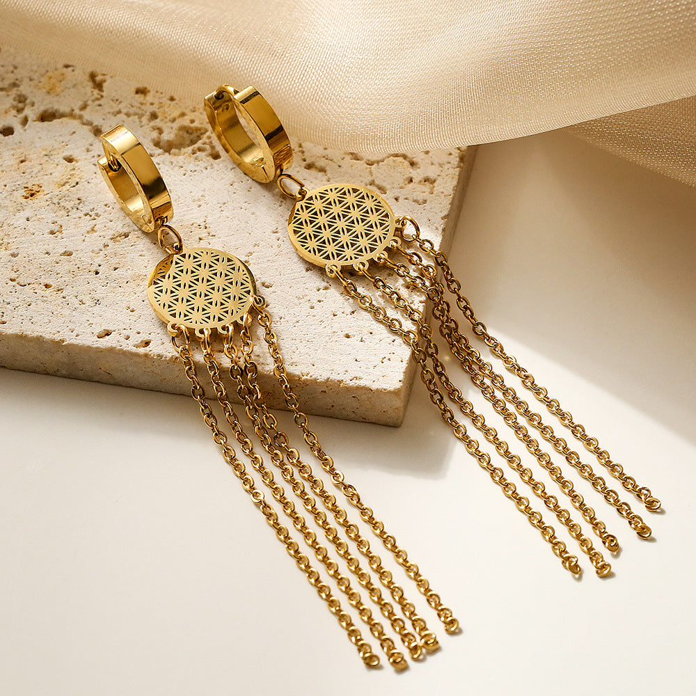 Vintage-Style Tassel Earrings in Titanium Steel with Geometric Tree of Life Design for Women