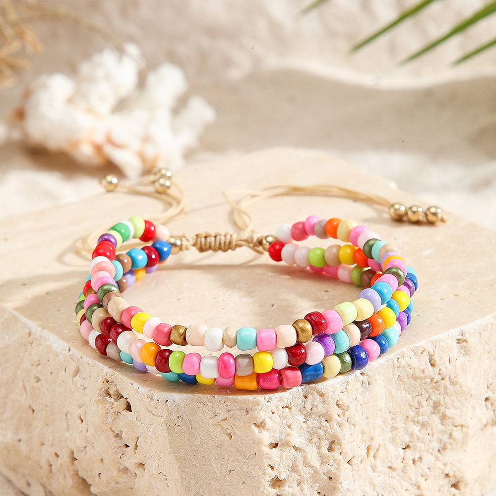 Bohemian Ethnic Vintage Handmade Geometric Round Glass Beads Multi-layer Bracelet for Unisex