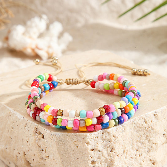Bohemian Ethnic Vintage Handmade Geometric Round Glass Beads Multi-layer Bracelet for Unisex