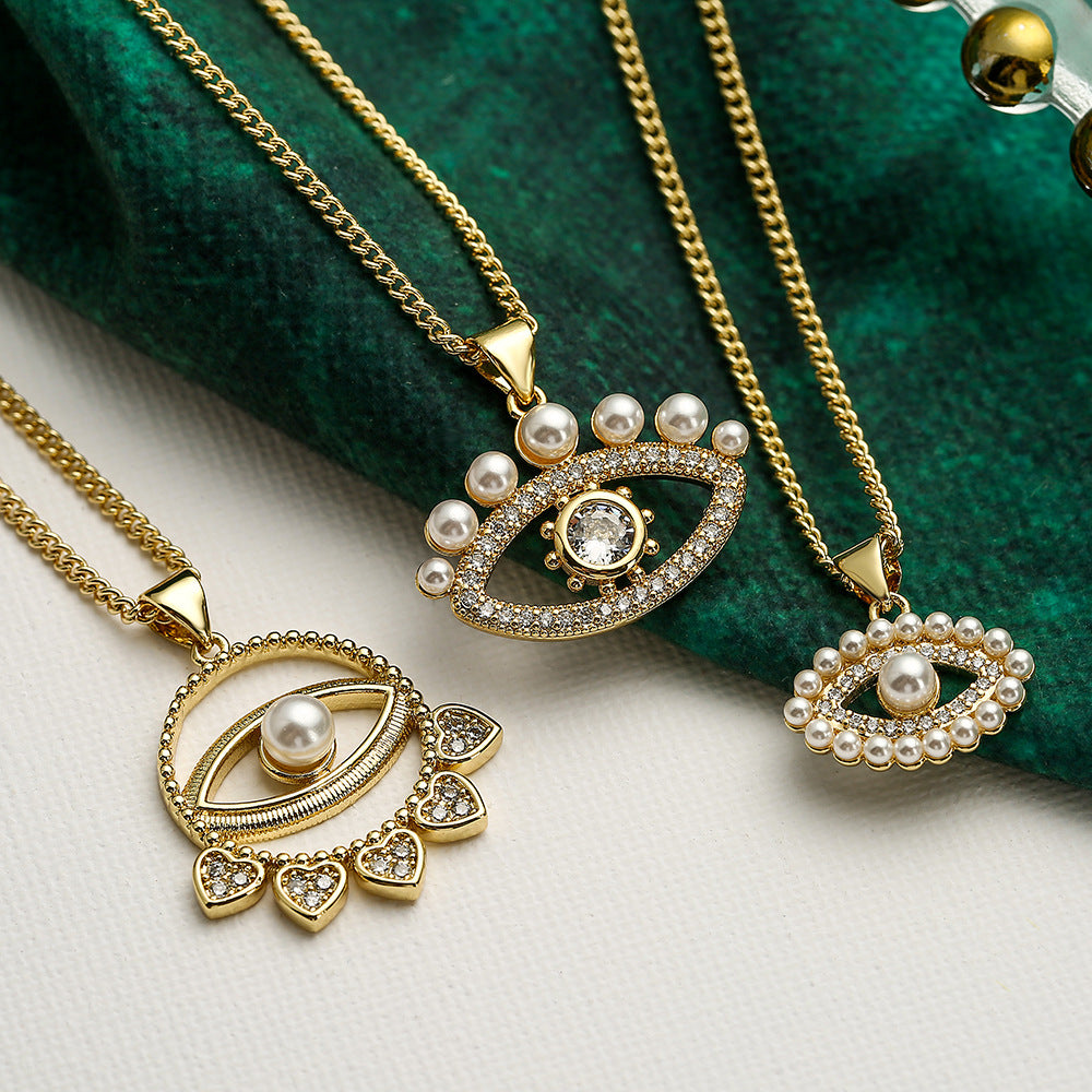 Minimalist Geometric Evil Eye Pendant Necklace for Women with Zircon and Pearl Accents on Copper Chain