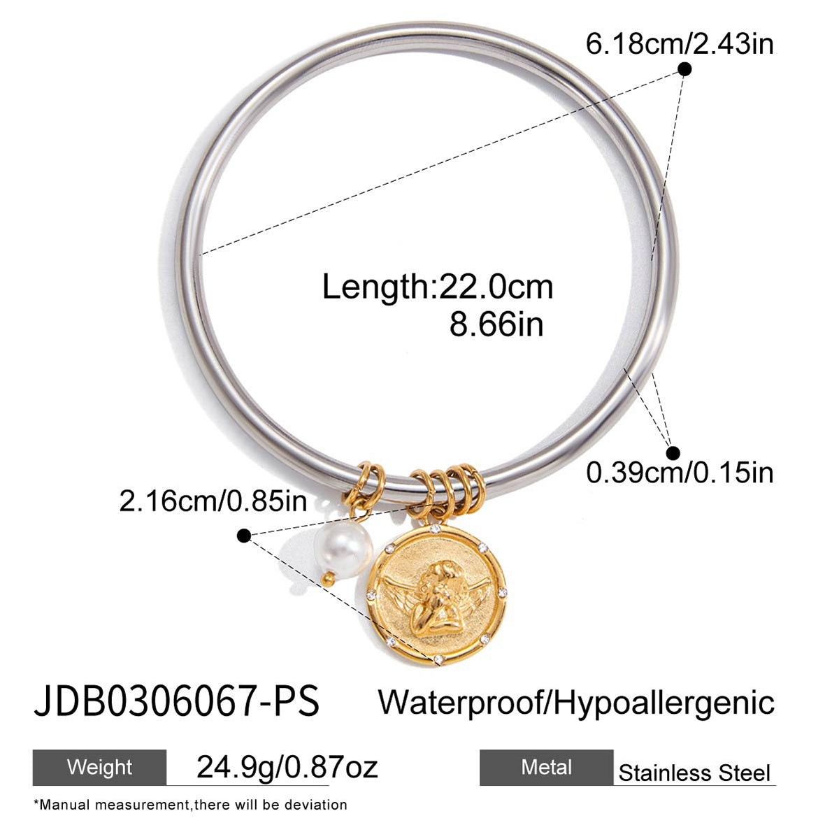 Bracciale vintage geometrico in acciaio al titanio per donna con finitura placcata e motivo ad angelo, accessorio di moda
