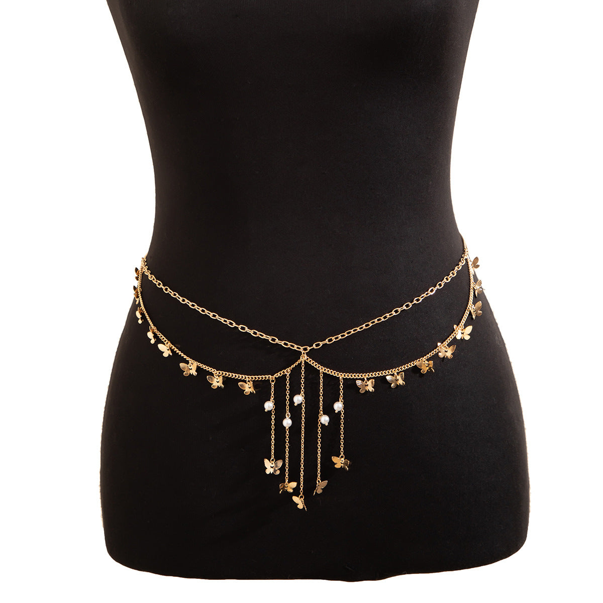 Cadena de cintura metálica minimalista con forma de estrella y mariposa, detalles de perlas y borlas para mujer