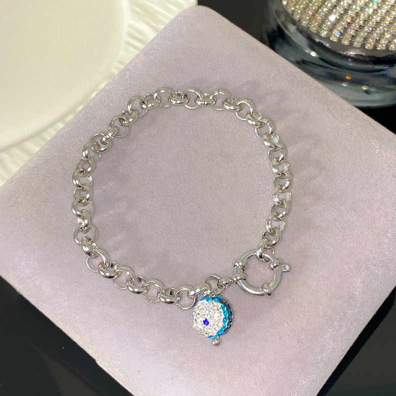 Luxury Rhinestone Inlaid Geometric Eye Cuban Link Chain Charm Bar Titanium Steel Bracelet