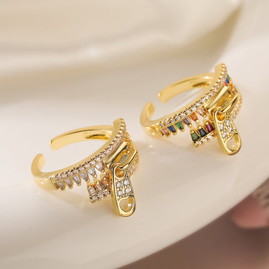 Minimalist Geometric Open Ring for Women in Brass with 18K Gold Plating and Zircon Inlay
