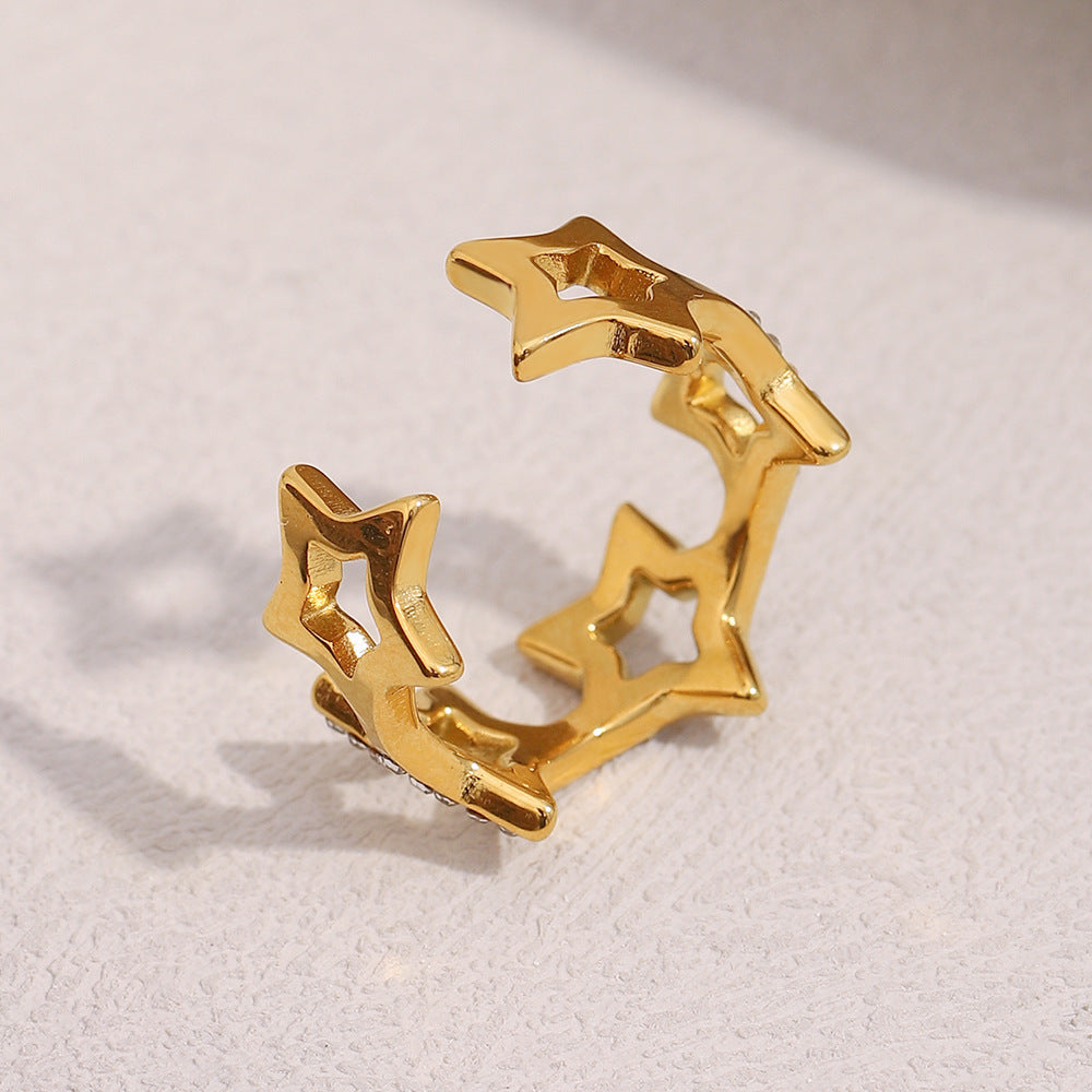 Minimalist Stainless Steel Star-Shaped Ring with 18K Gold Plating and Rhinestone Accents for Women
