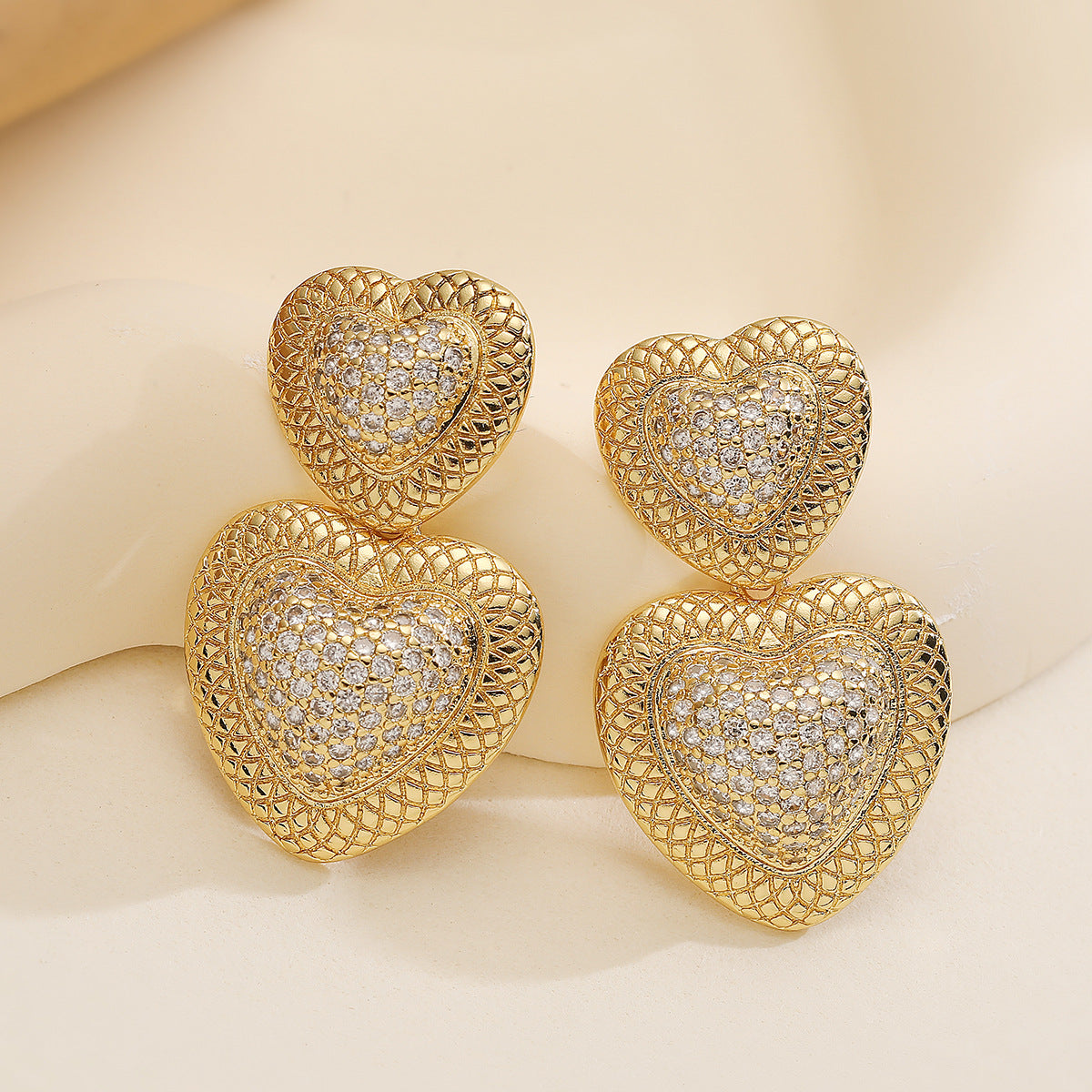 Minimalist Heart-Shaped Copper Earrings with 18K Gold Plating and Zircon Accents for Women