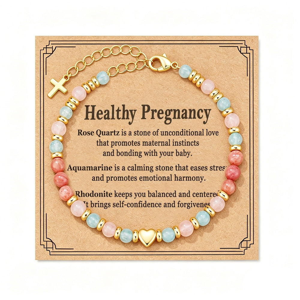 Elegant Heart Geometric Aquamarine Rose Quartz Charm Bar Beaded Bracelet for Women