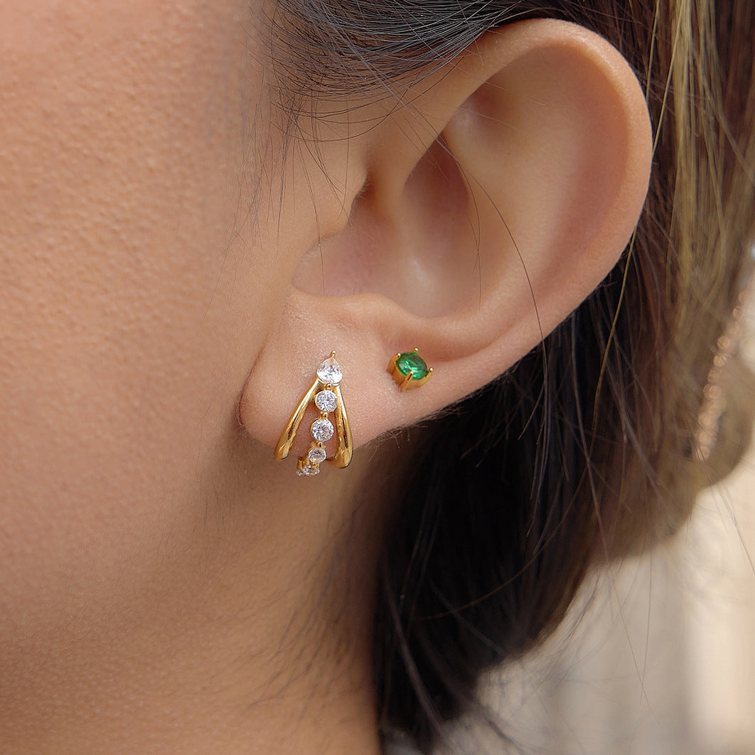 Minimalist Elegant Geometric Stainless Steel Plated Cubic Zirconia C-Shaped Earrings for Women