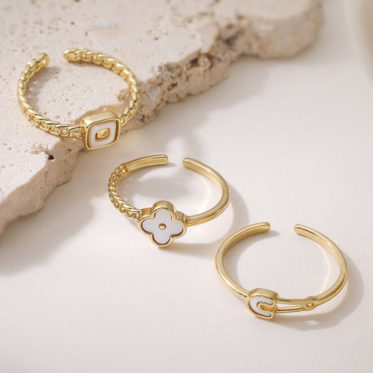 Minimalist 18K Gold Plated Brass Geometric Floral Open Ring for Women