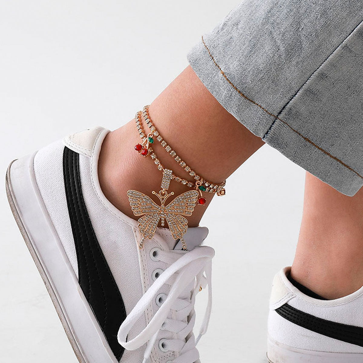 Punk Hip-hop Butterfly Rhinestone Inlay Alloy Cuban Link Chain Anklet Set for Women