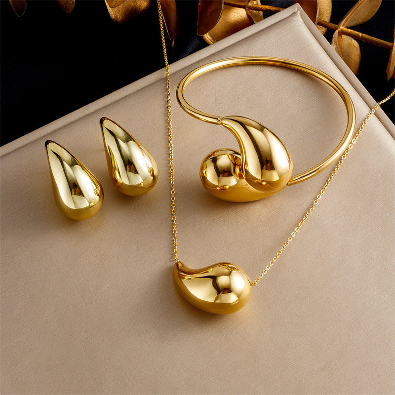 Luxury Fashion Plated Stainless Steel Droplet Heart Bell Pendant Necklace Earrings Bracelet Set for Women