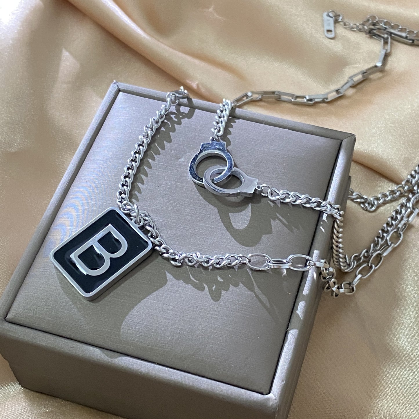 Minimalist Titanium Steel Letter B Square Pendant Necklace Plated Layered Chain Unisex Jewelry