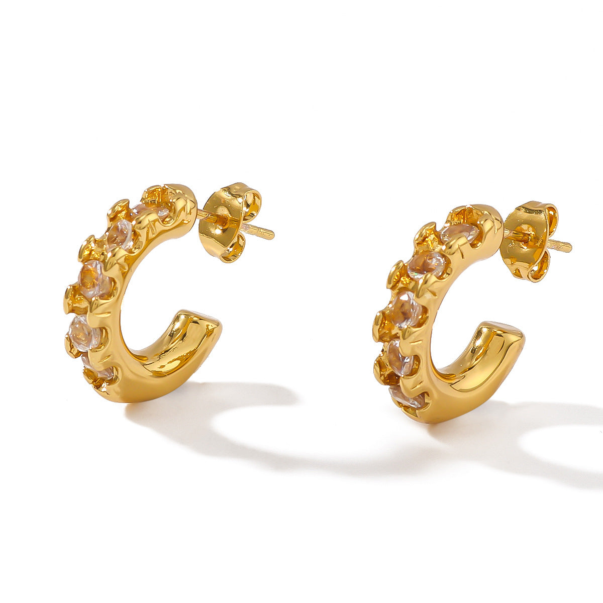 Geometric Stainless Steel Earrings with 18K Gold Plating and Cubic Zirconia Inlay for Women