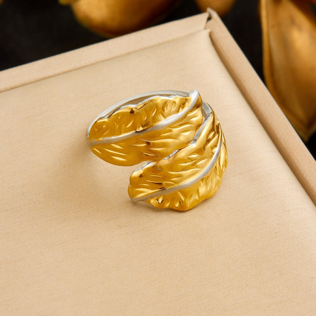 Trendy Gold Plated Floral Bow Stainless Steel Open Ring