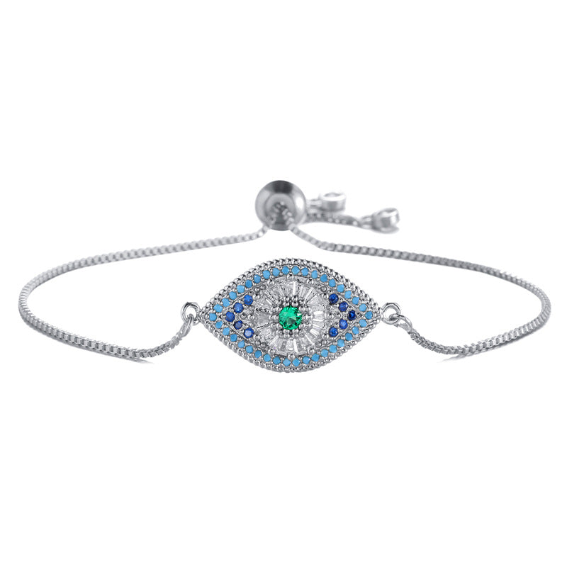 Minimalist Geometric Eye Brass Box Chain Bracelet with Micro-Inlaid Colorful Cubic Zirconia Adjustable Drawstring