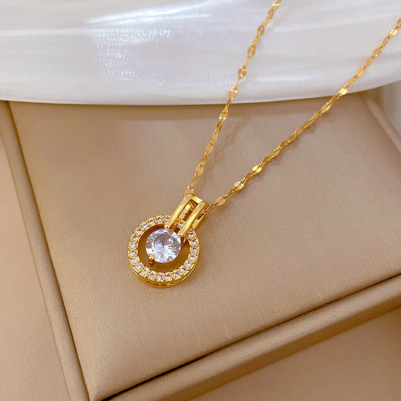 Collana con ciondolo a cerchio in titanio e strass di lusso per clavicola, gioielli geometrici delicati ispirati al vintage
