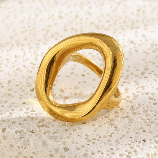 Minimalist Geometric Hollow-Out Stainless Steel Ring with 18K Gold Plating for Women