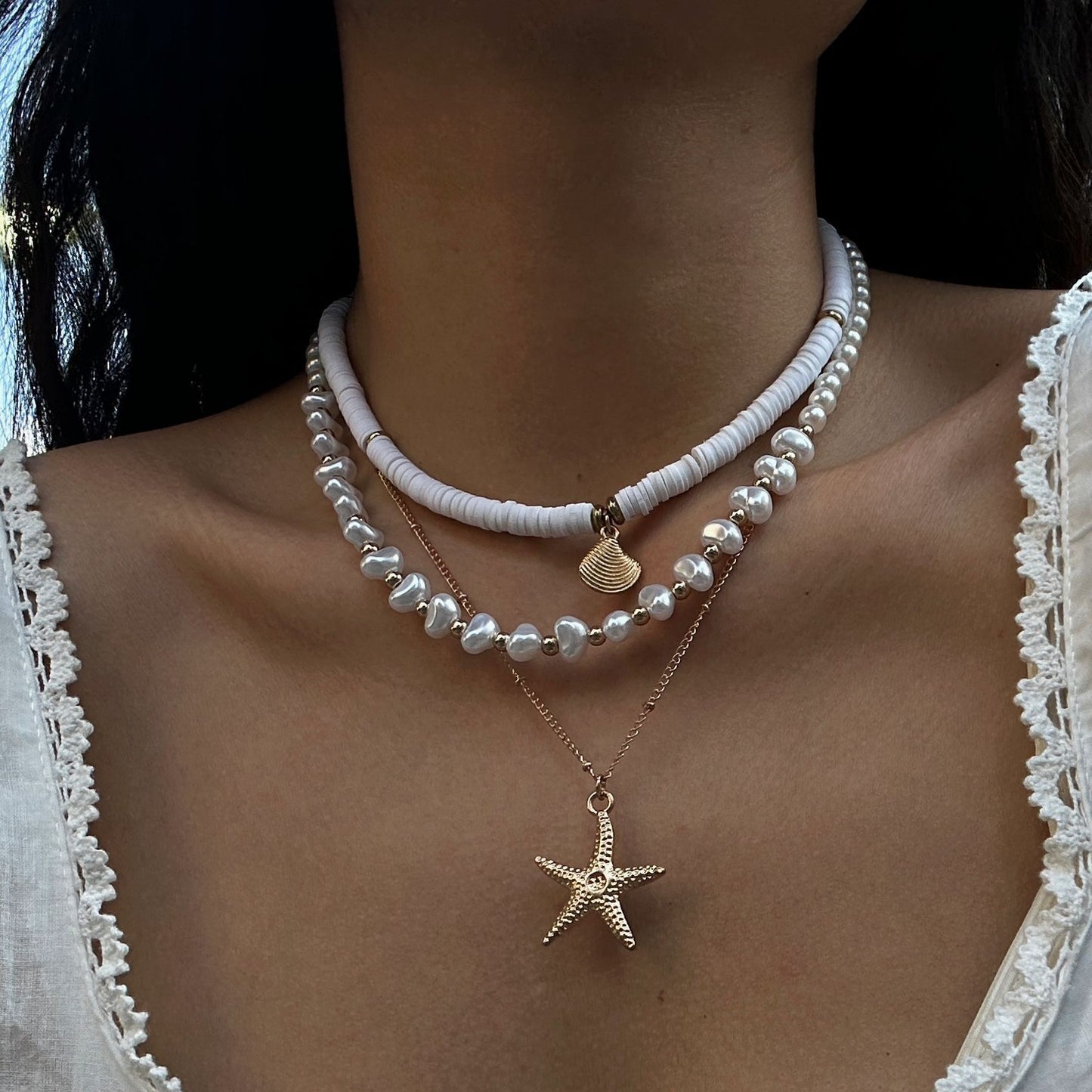 Bohemian Baroque Imitation Pearl Starfish Shell Bead Necklace for Women